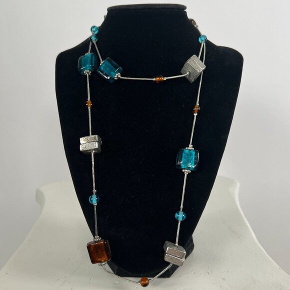 Vintage Silver Blue Stone Beaded Long Necklace - Beachy Bohemian Hippie Jewelry - Picture 3 of 8